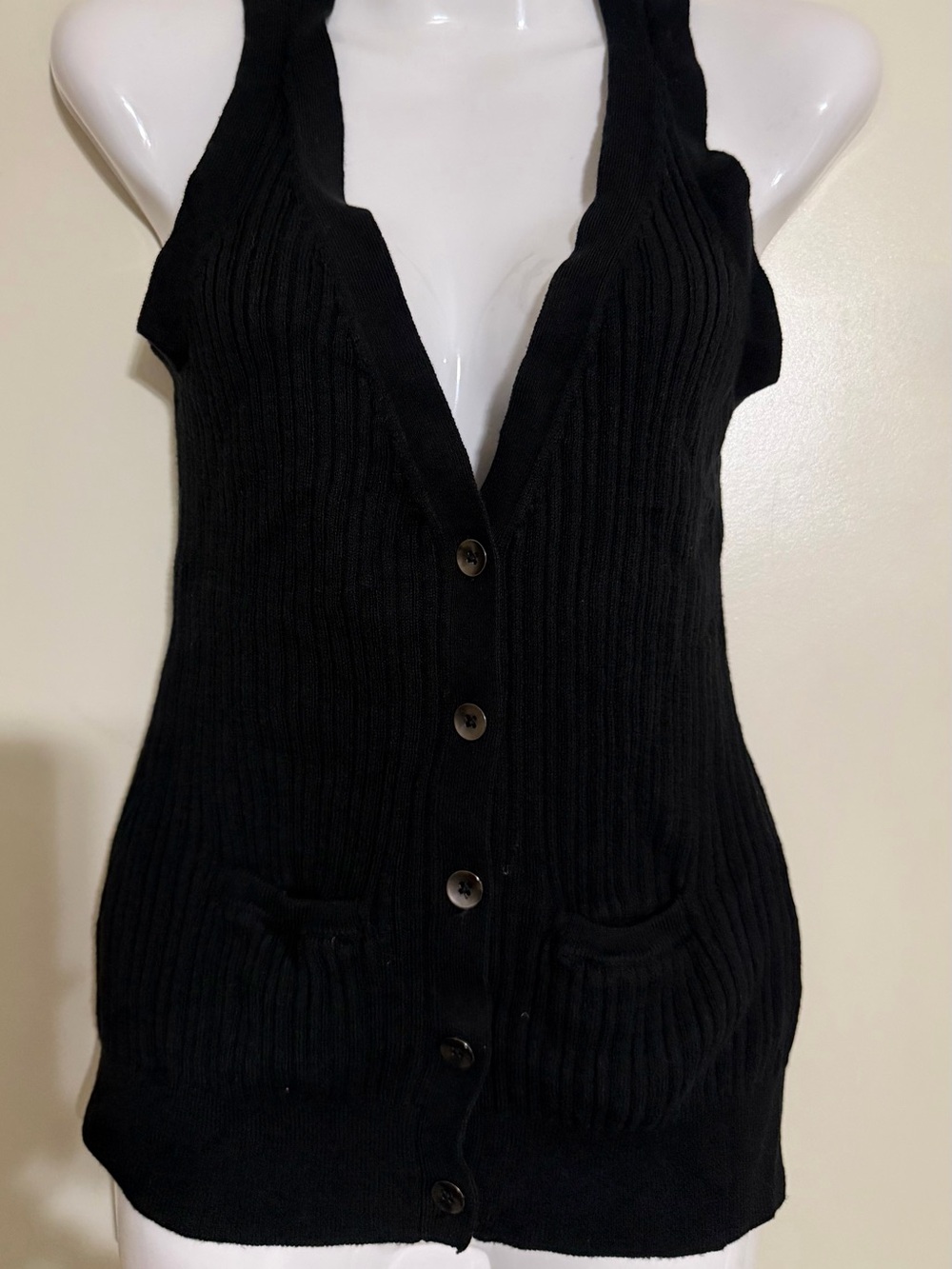New York & Company Black Ribbed Button-Front Sweater Vest
